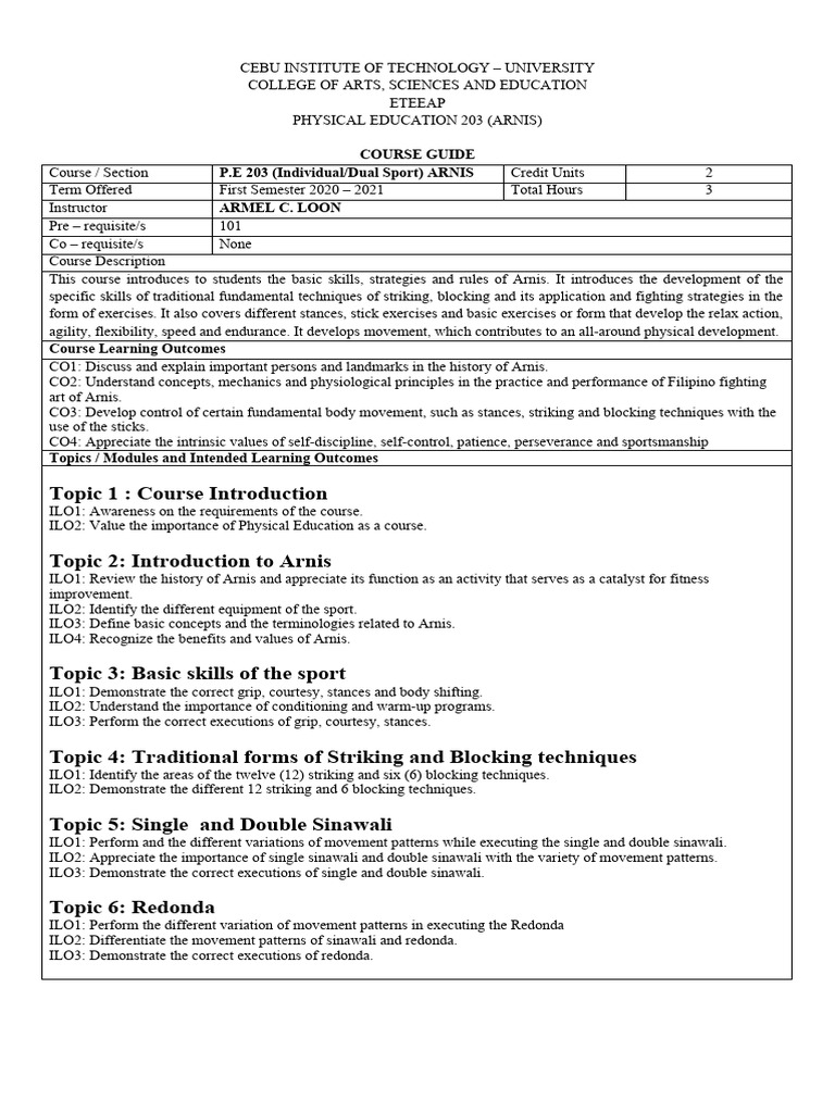 Arnis Course Guide for PE 203 | PDF | Physical Education | Learning