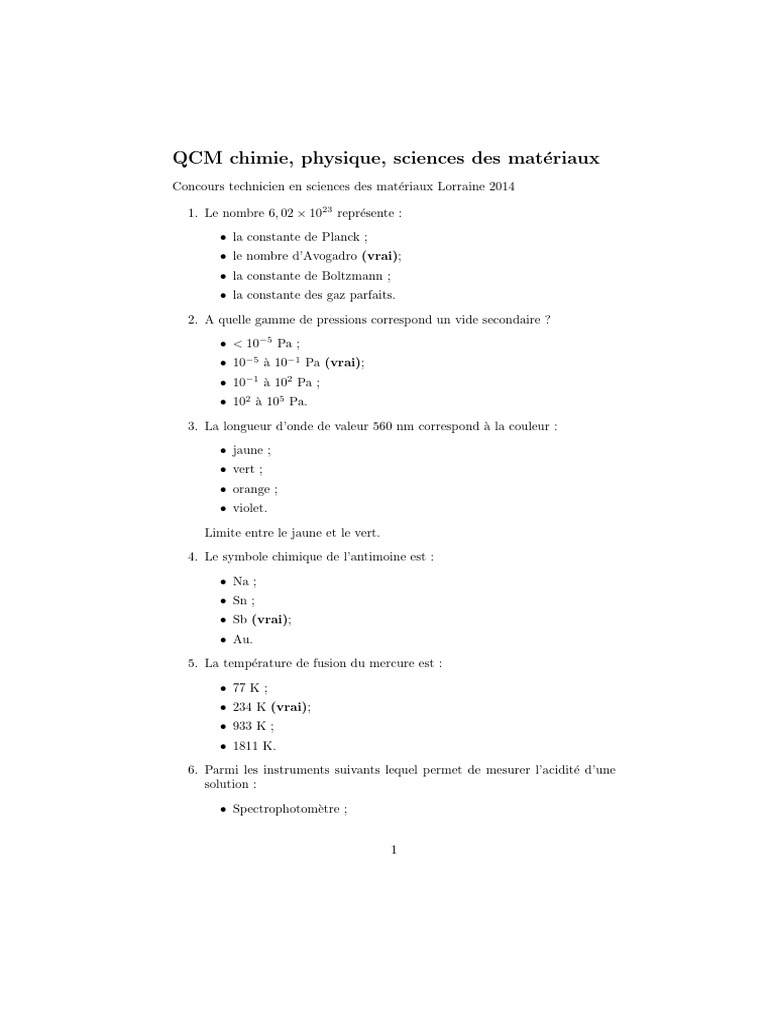 QCM PhysiqueChimie 2014 Concours PDF Sciences physiques Physique — free download