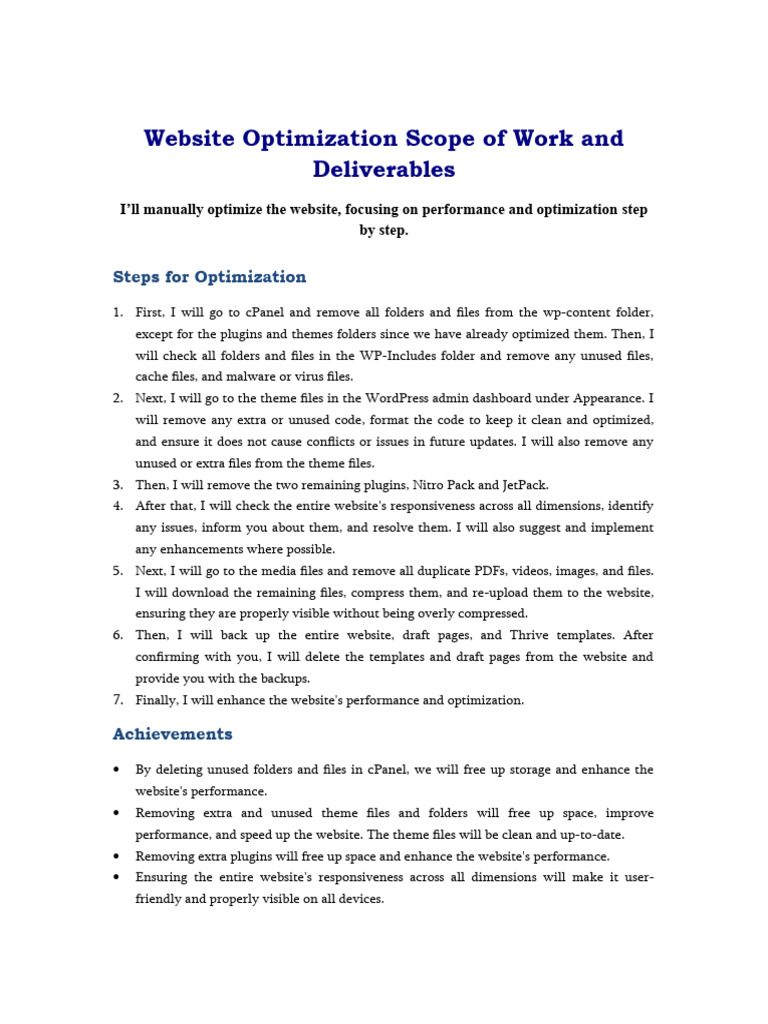 Website Optimization Scope Of Work And Deliverables Pdf Computer