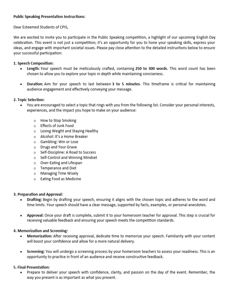 Public Speaking Competition Guidelines | PDF | Public Speaking | Cognition