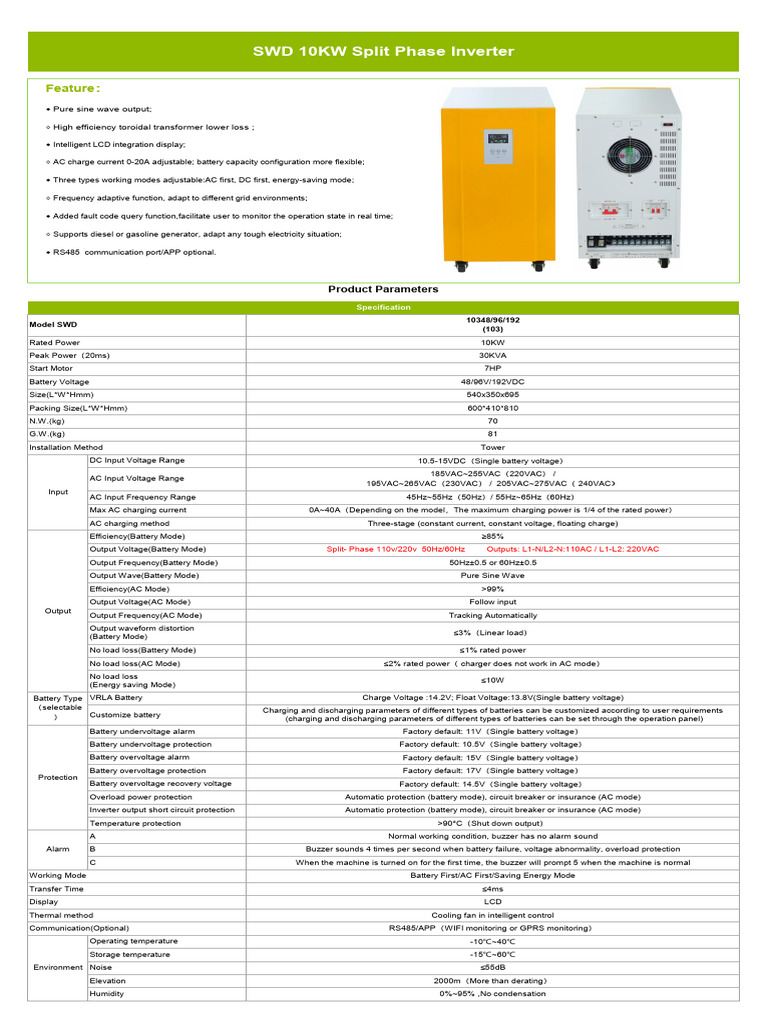 SWD 10KW Split Phase Inverter Specs | PDF | Power Inverter ...