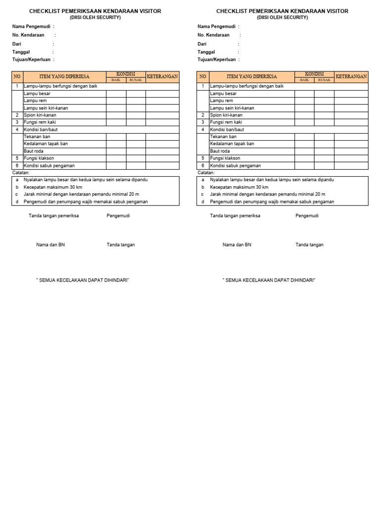 Checklist Pemeriksaan Kendaraan Visitor | PDF