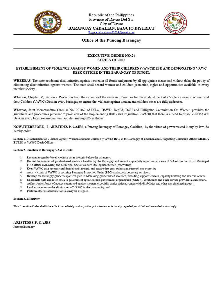 Establishment of VAWC Desk in Cadalian | PDF | Violence | Violence ...