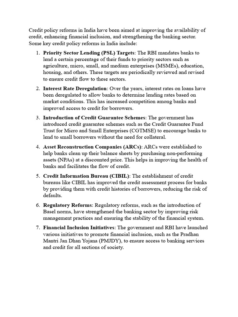 credit-policy-reforms-in-india-have-been-aimed-at-improving-the
