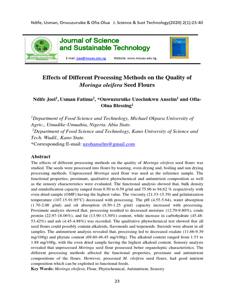 Effects of Different Processing Methods On The Quality of Moringa ...