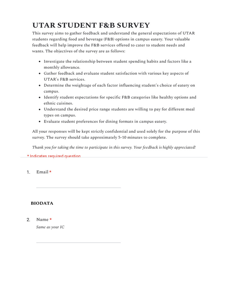 Utar Student F&B Survey | PDF | Foodservice | Meal