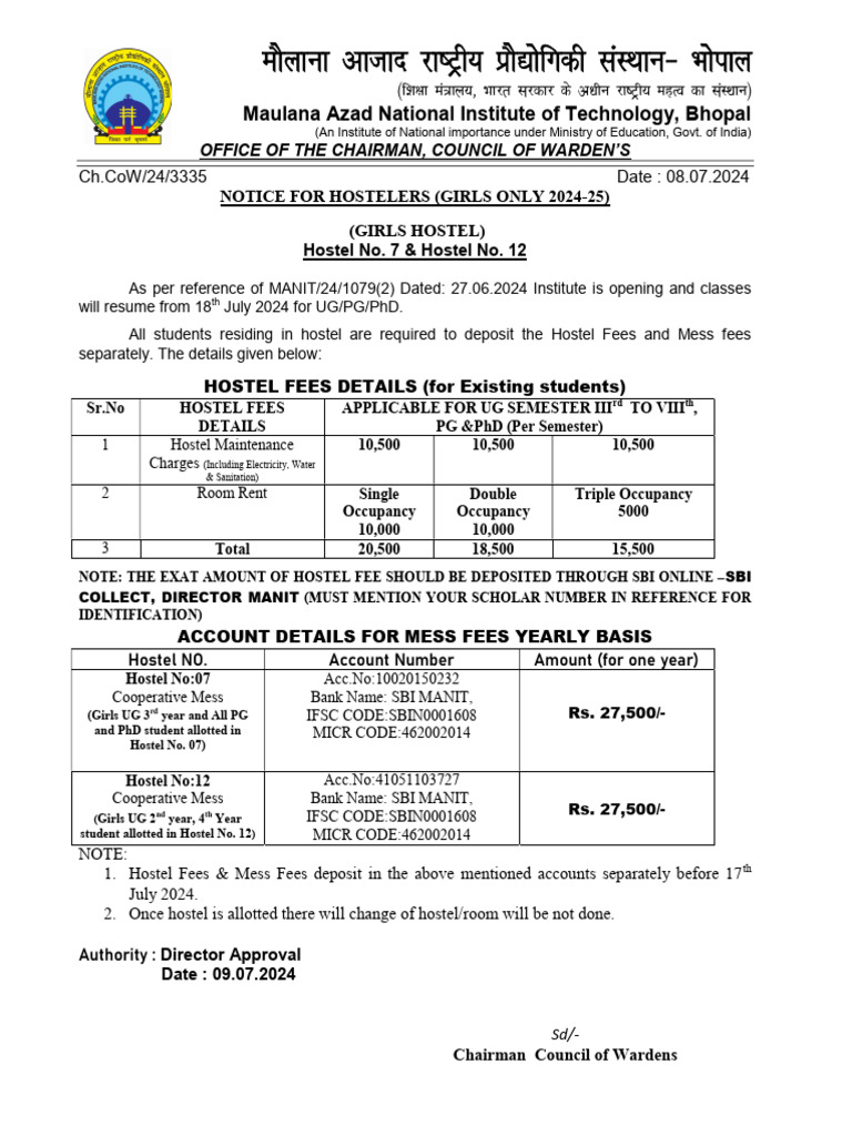 2024-25 Girls Hostel Fee Notice | PDF