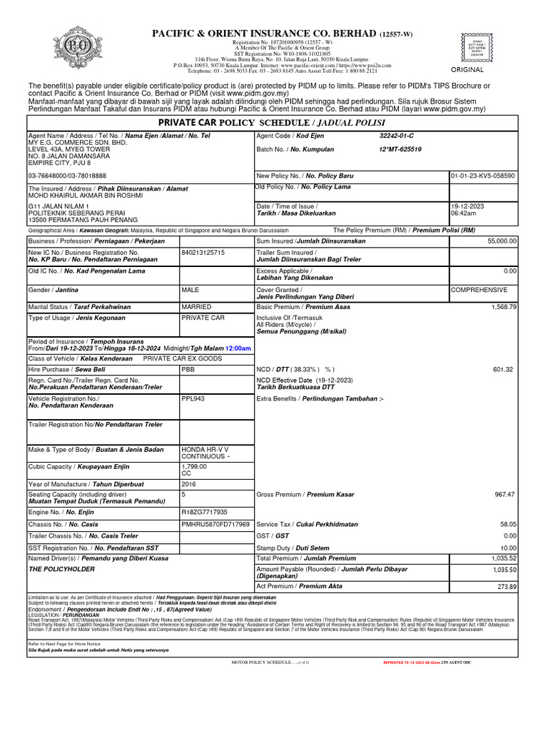 Private Car Insurance Policy Details | PDF | Insurance | Vehicles