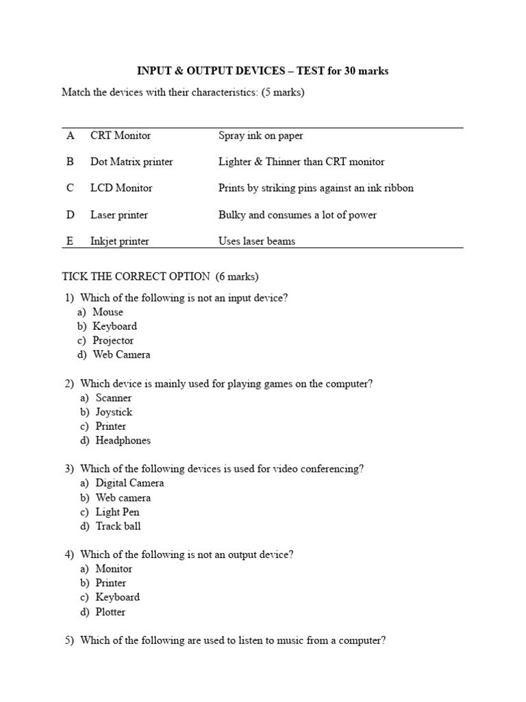 Class 4 Input and Output Devices Test | PDF | Printer (Computing ...