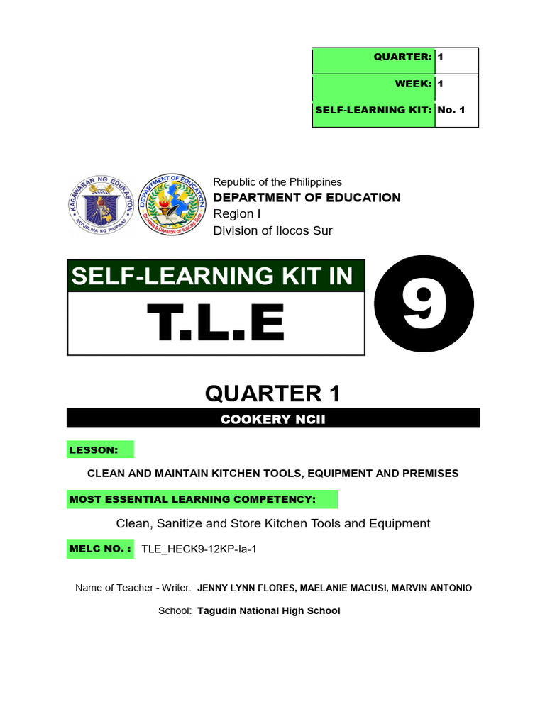 Grade 9 - Cookery NCII - SLK 1 - 1Q - Week 1 | PDF | Dishwasher ...