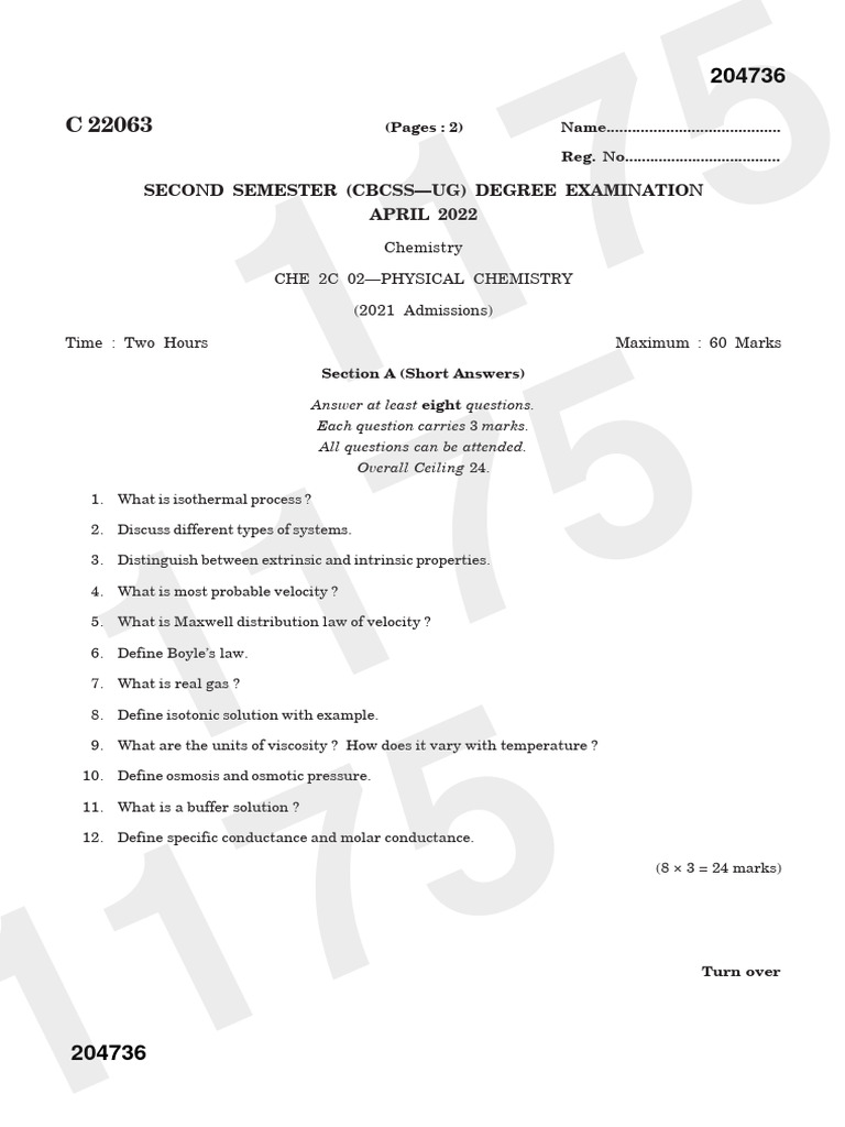 Physical Chemistry Exam Questions 2022 | PDF | Gases | Temperature