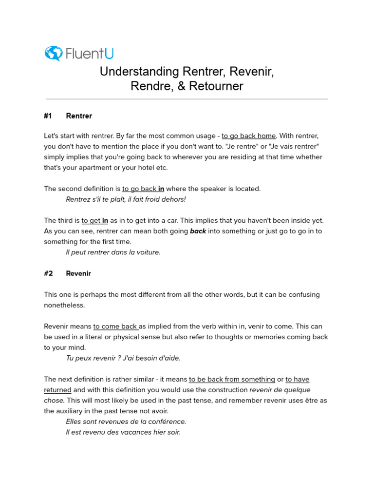 Conjugating Rentrer, Revenir, Rendre, Retourner | PDF | Grammatical ...