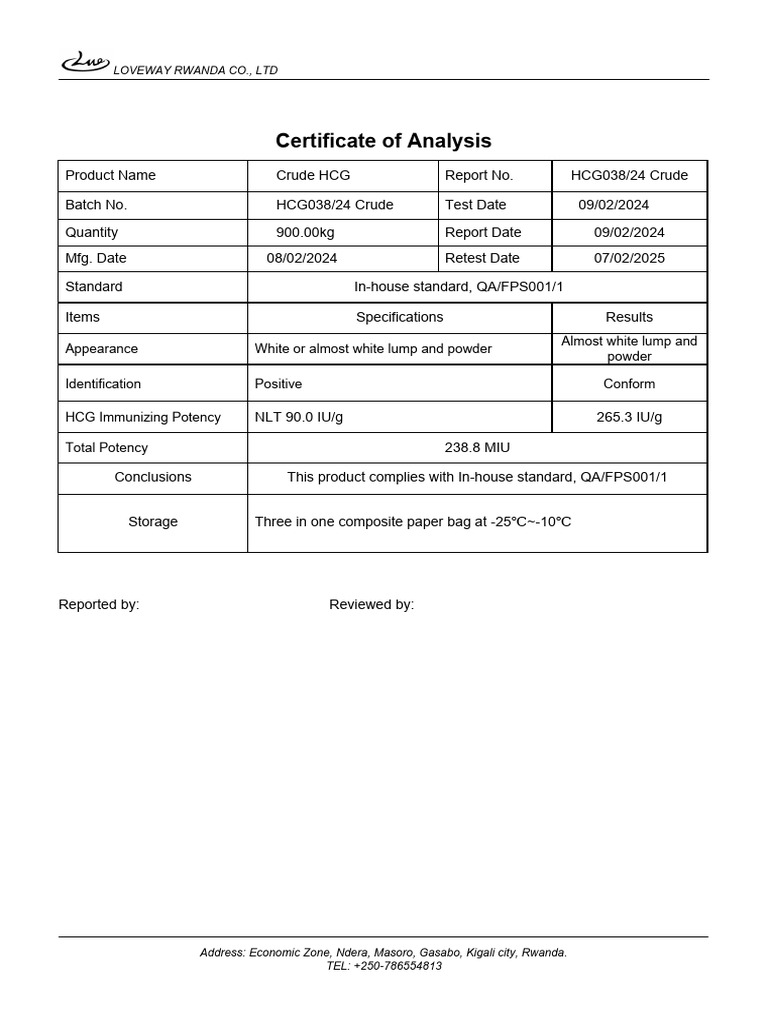 COA template Crude HCG038 24 loveway PDF