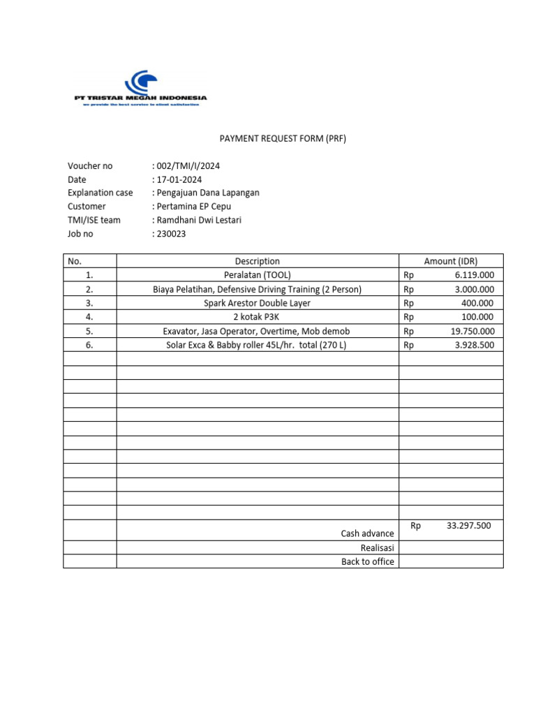 PAYMENT REQUEST FORM Peralatan Lapangan (TOOL) | PDF