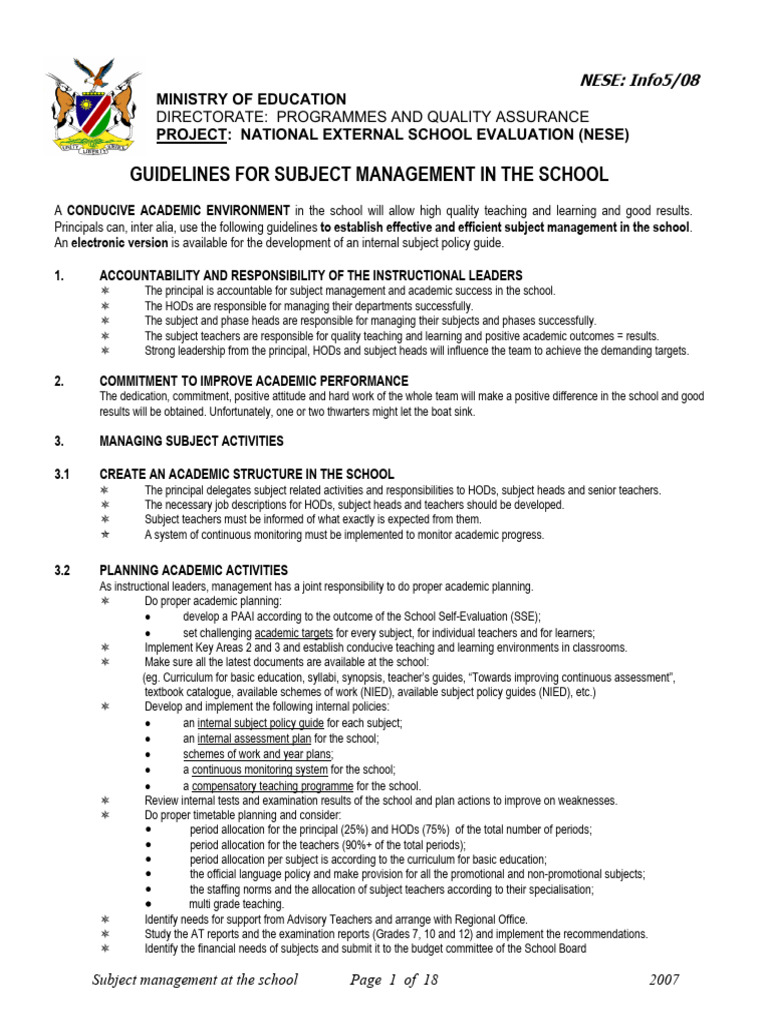 Guidelines for School Subject Management | PDF | Teachers | Learning