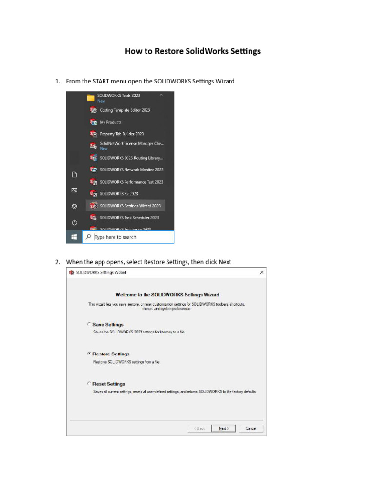 How to restore solidworks settings pdf