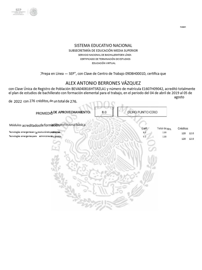 Certificado de Bachillerato en Línea SEP | PDF