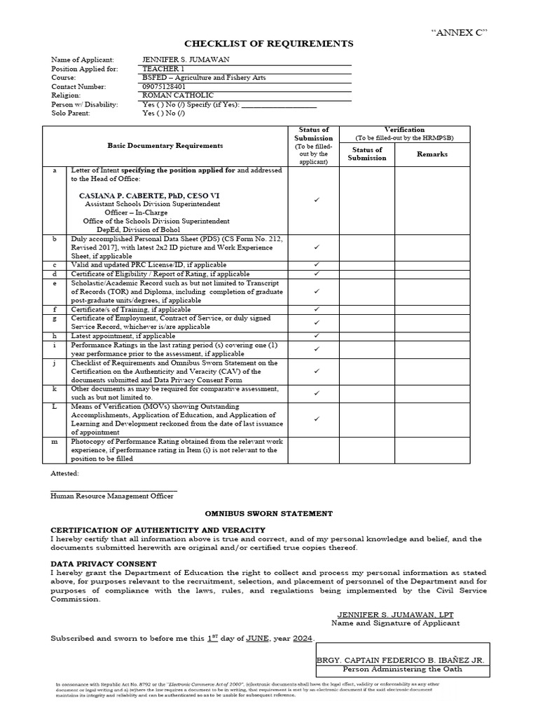 Teacher 1 Application Checklist | PDF