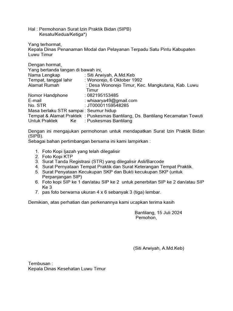Permohonan SIPB Siti Arwiyah, Bidan | PDF