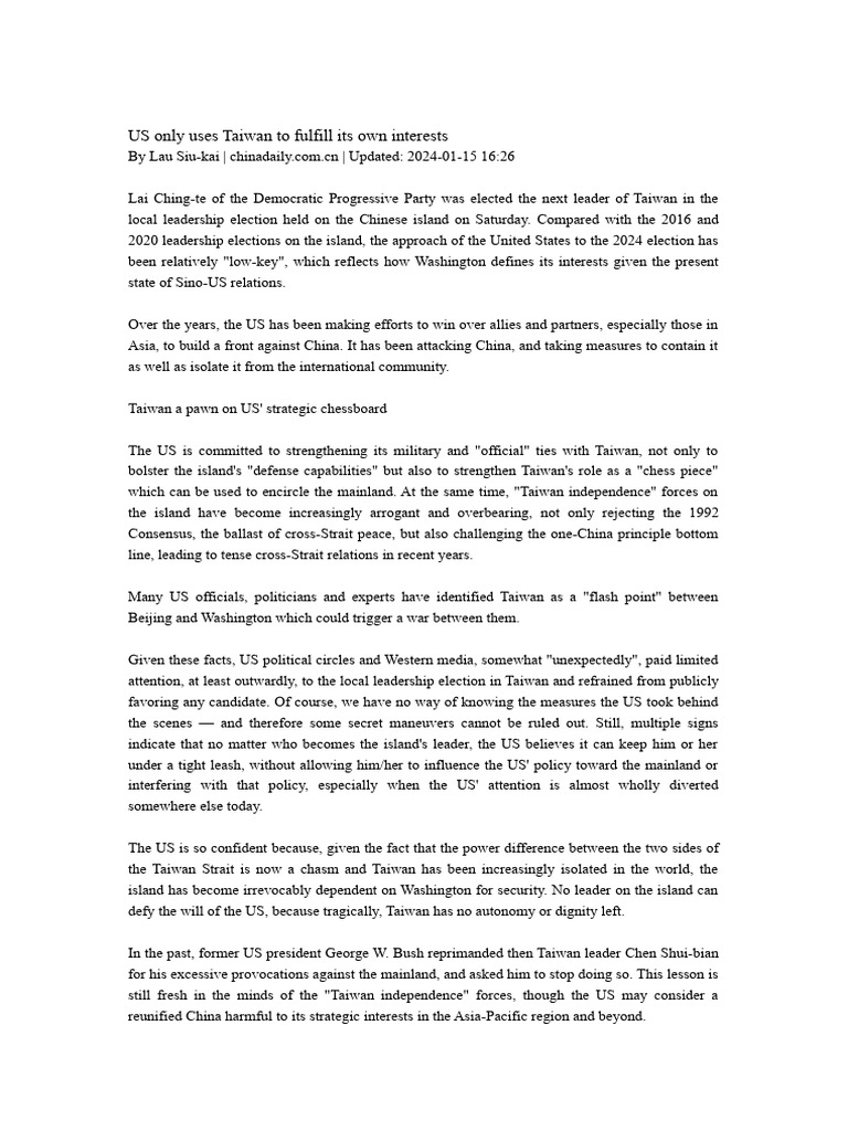 Us only uses taiwan to fulfill its own interests pdf taiwan china