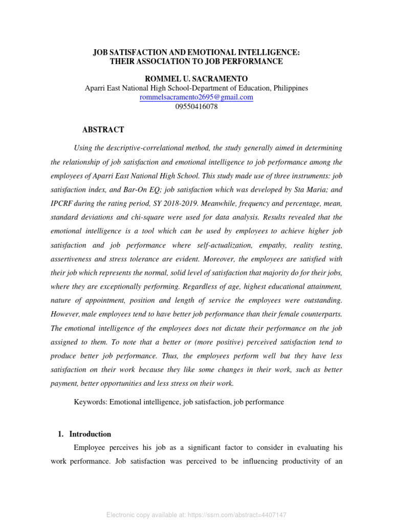 Job Satisfaction & Emotional Intelligence Impact | PDF | Job ...
