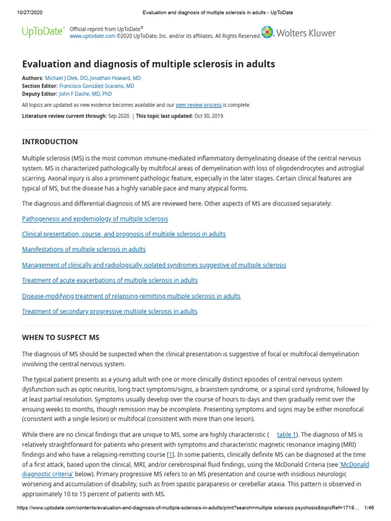 Evaluation and Diagnosis of Multiple Sclerosis in Adults - UpToDate ...