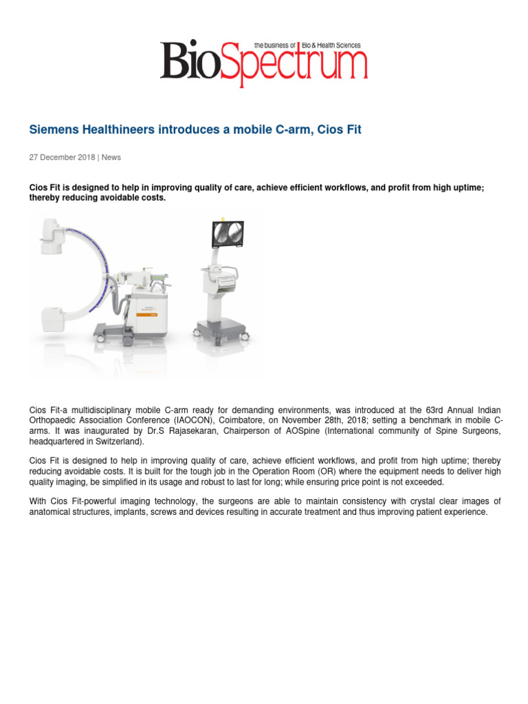 Siemens Healthineers Introduces A Mobile C Arm Cios Fit | PDF