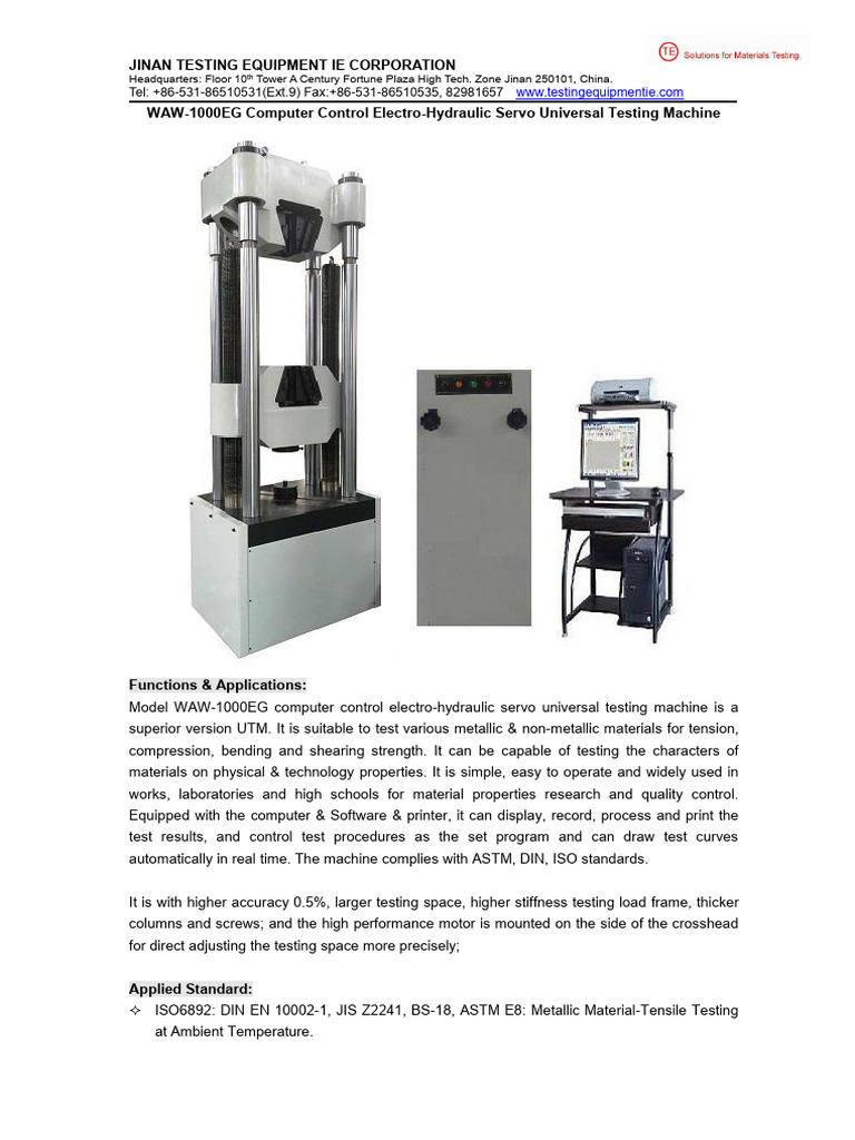 WAW-1000EG Computer Control Electro-Hydraulic Servo Universal Testing ...