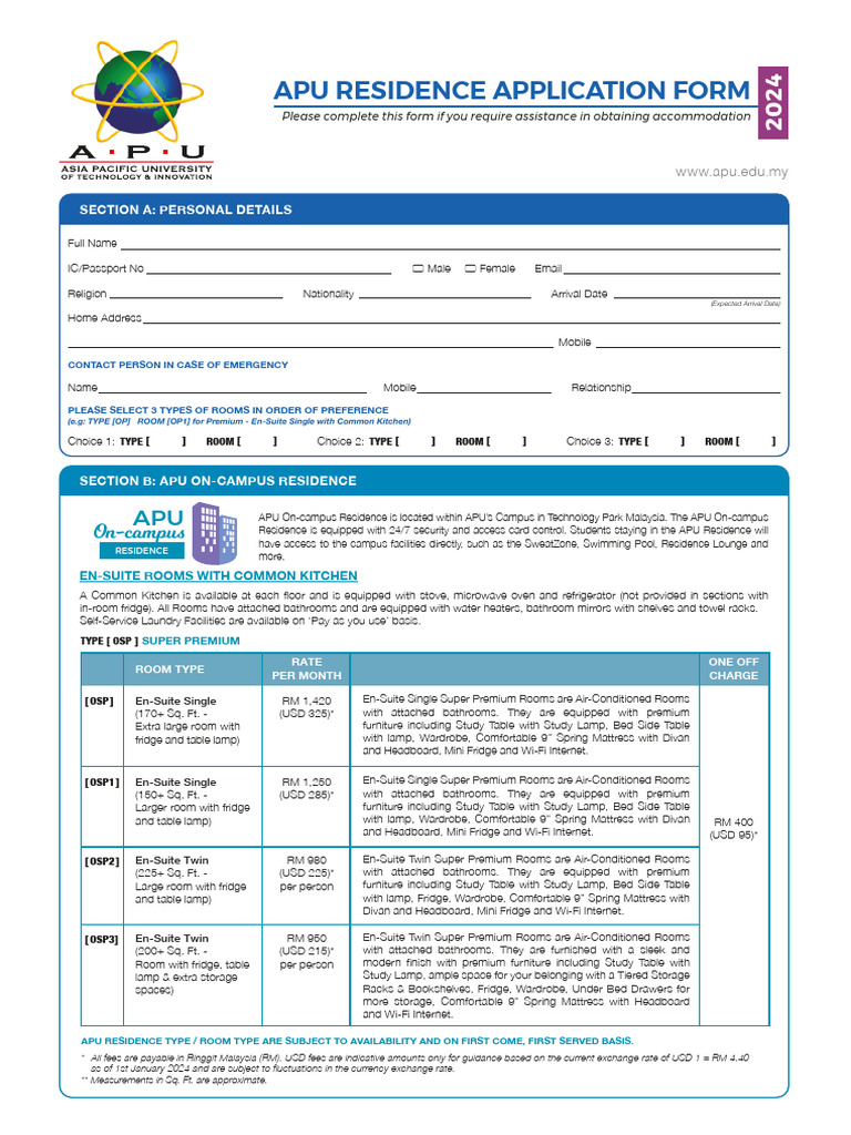 APU On-Campus Residence Application | PDF | Bathroom | Fee