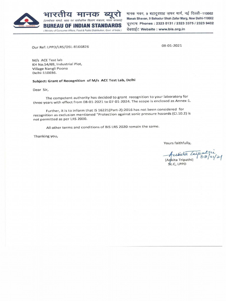 Ace Test Lab Recognition No - 0001 | PDF