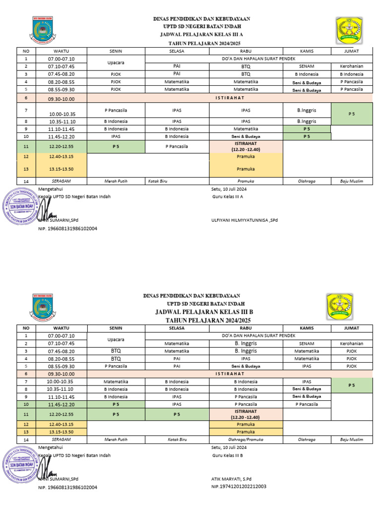 JADWAL PELAJARAN KELAS III TAHUN 2024-2025 | PDF
