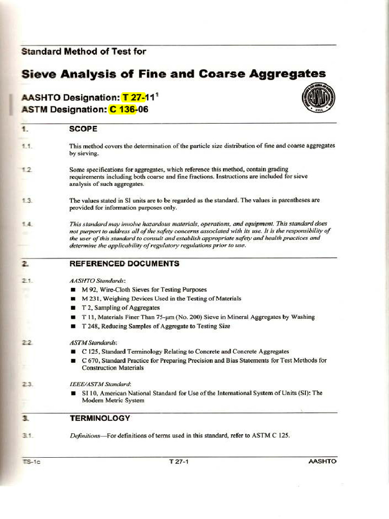 T 27-11 Sieve Analysis of Fine and Coarse Aggregates | PDF | Materials