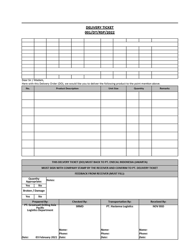 Delivery Ticket for PT Enecal Indonesia | PDF