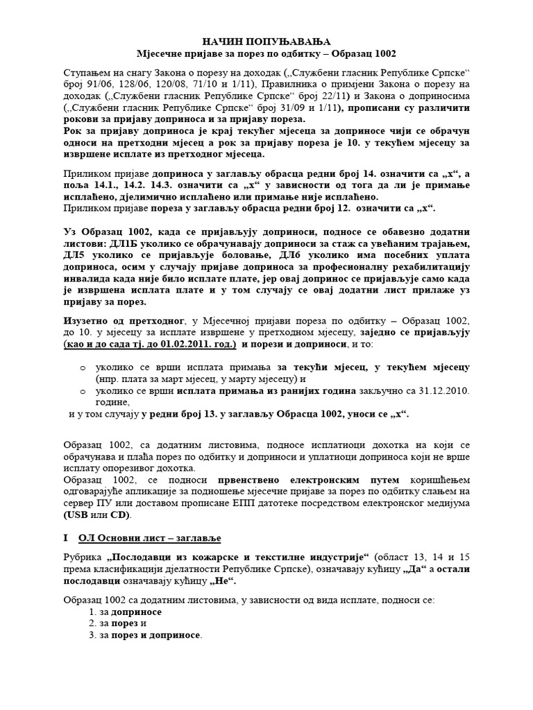 Uputstvo o Popunjavanju Prijave 1002 | PDF
