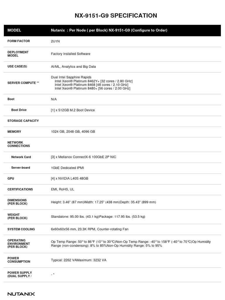 Nx-9151-G9 Specification: Model Nutanix: Per Node (Per Block) NX