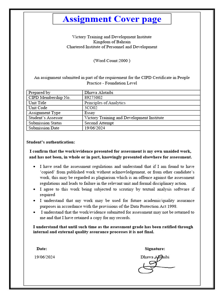 CIPD 3CO02 Assignment Cover Page | PDF | Performance Indicator | Policy