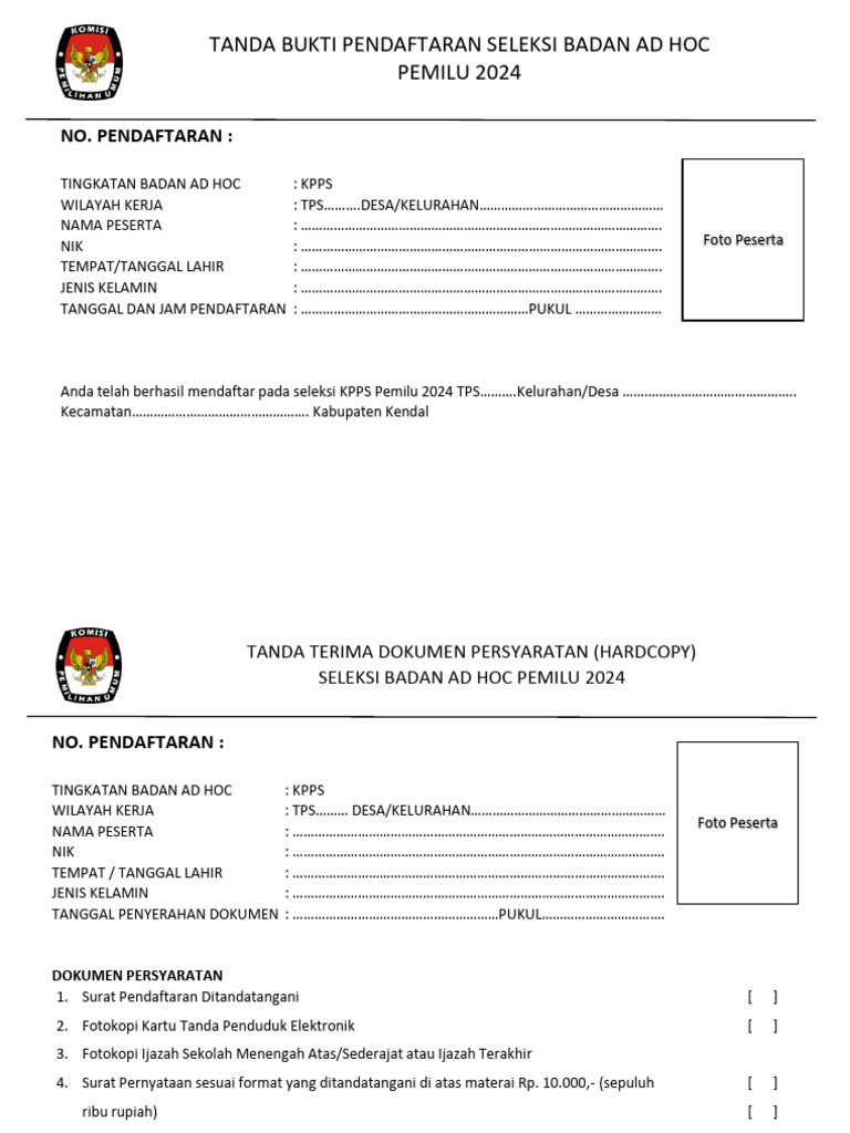 Format Tanda Terima Pendaftaran KPPS | PDF