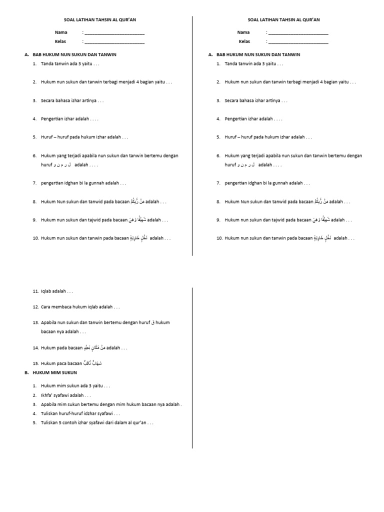 Soal Latihan Tahsin Al Qur'an | PDF | Seni & Disiplin Bahasa | Kajian ...