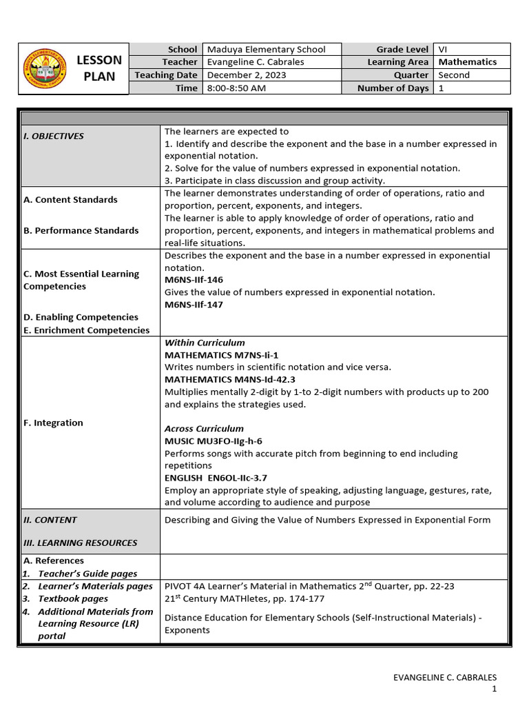 Exponential Notation Lesson Plan | PDF | Exponentiation | Learning