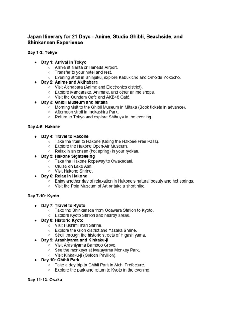 Japan itinerary for 21 days anime studio ghibli beachside and