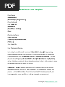 Cooking Recommendation Letter Template