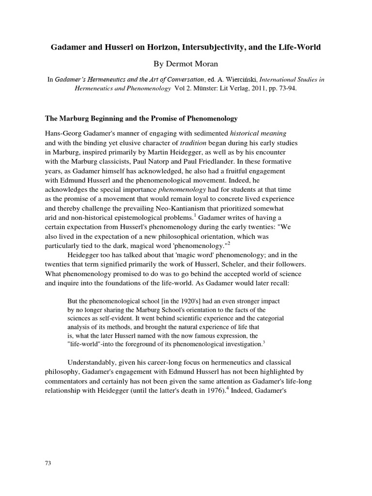 Gadamer And Husserl On Horizon Intersubjectivity And The Life World