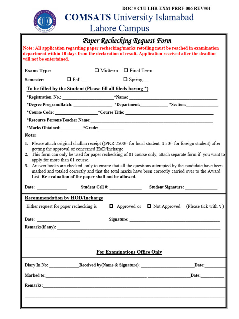 Paper Rechecking Request Form | PDF