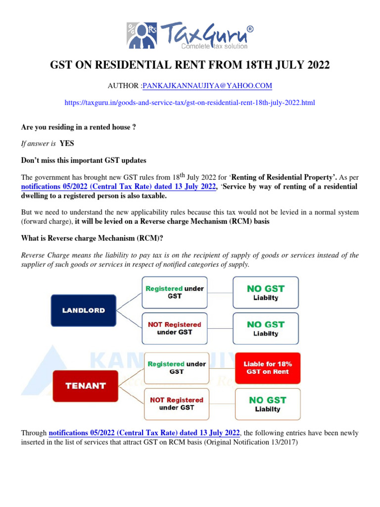GST On Residential Rent From 18th July 2022 - Taxguru - in | PDF ...