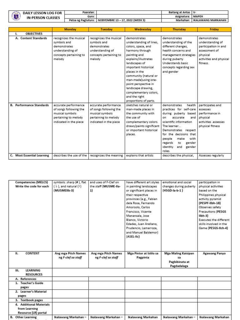 DLL MAPEH (MELCs) W3 | PDF