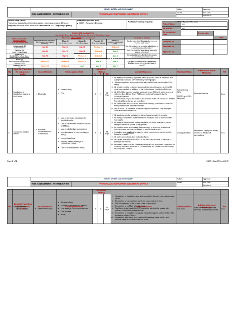 Temporary Electrical Supply Risk Assessment | PDF | Electrical Wiring ...