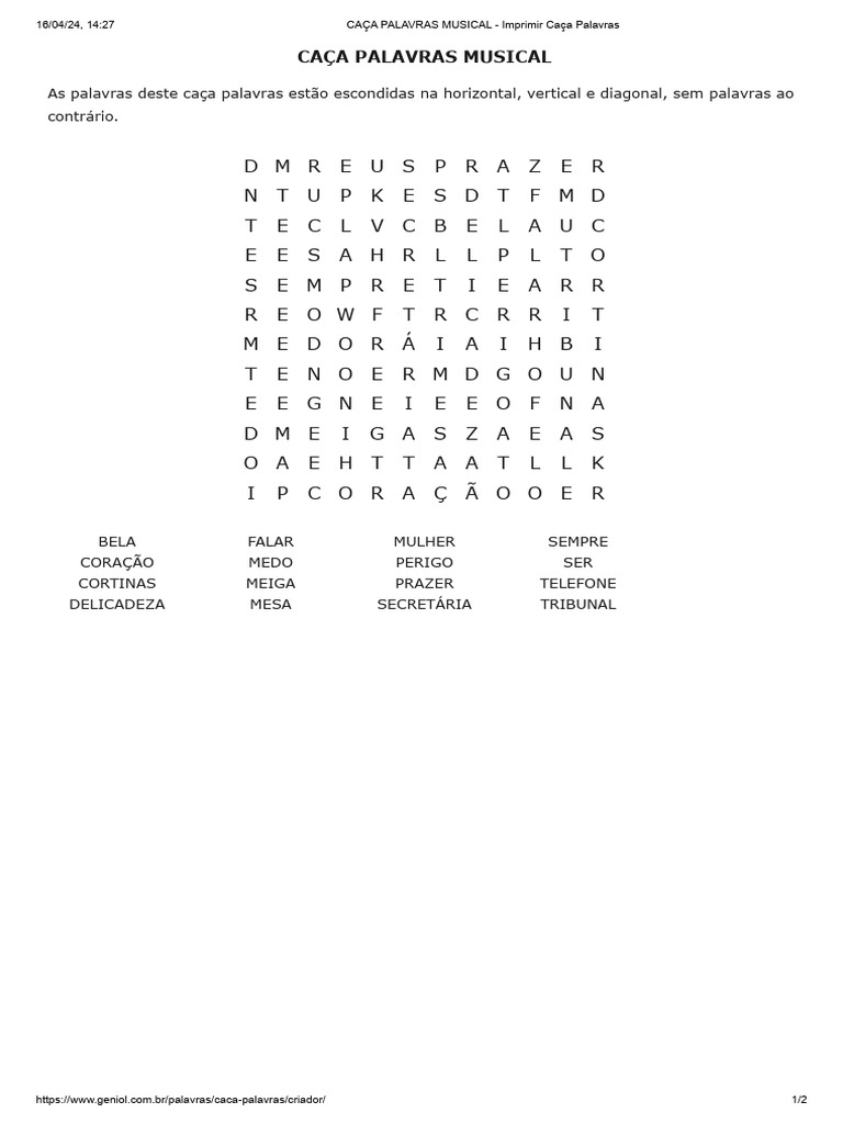 CAÇA PALAVRAS MUSICAL - Imprimir Caça Palavras-1-2 | PDF