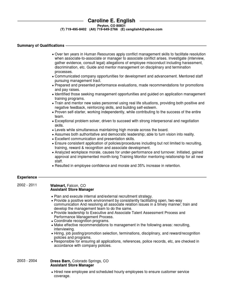 Human Resources Manager Resume In Denver Co Caroline English