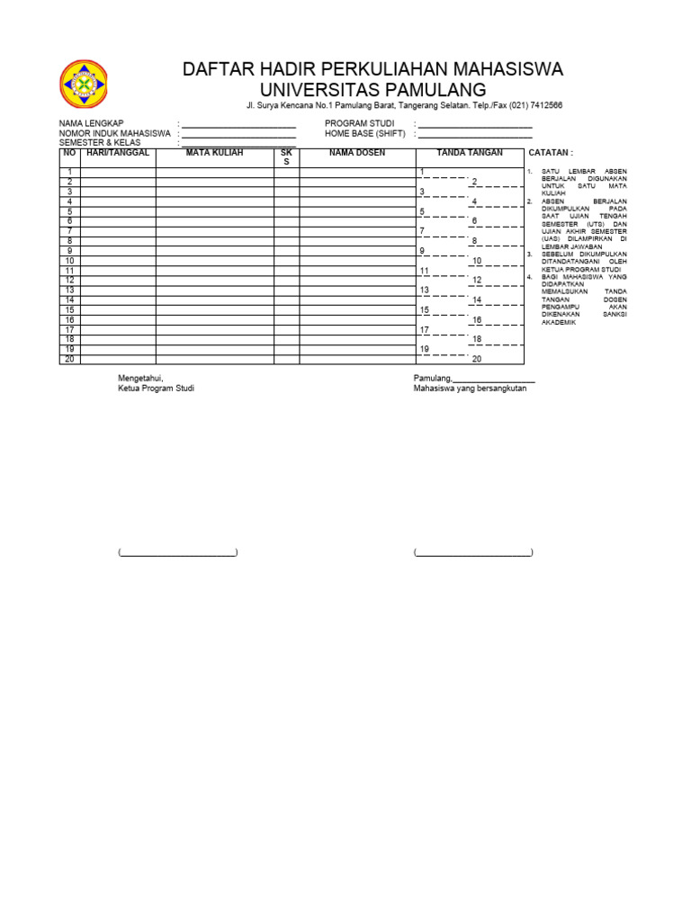 Daftar Hadir Mahasiswa Unpam | PDF