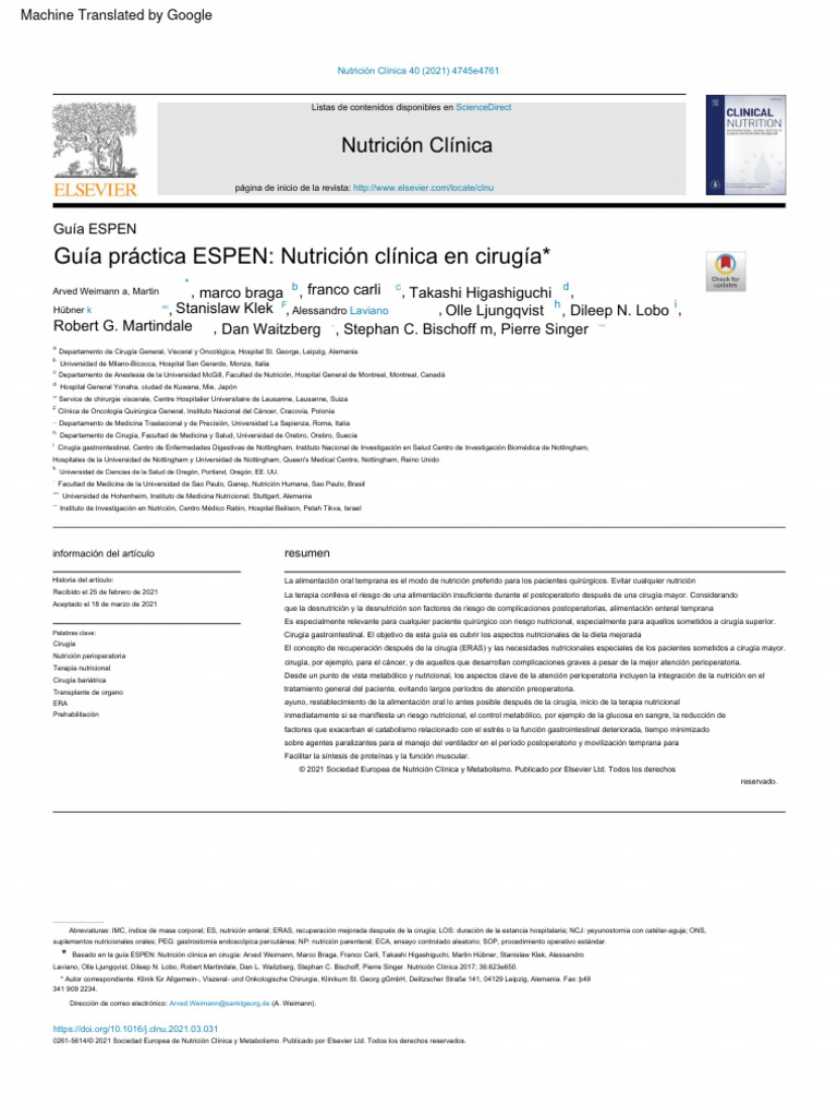 ESPEN Practical Guideline Clinical Nutrition in Surgery TRADUCIDO | PDF ...